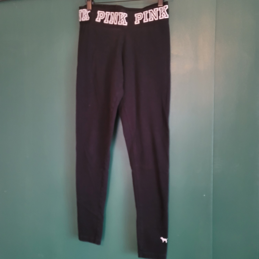 PINK Victoria's Secret Black Leggings with White Logo Waistband Yoga Size S
